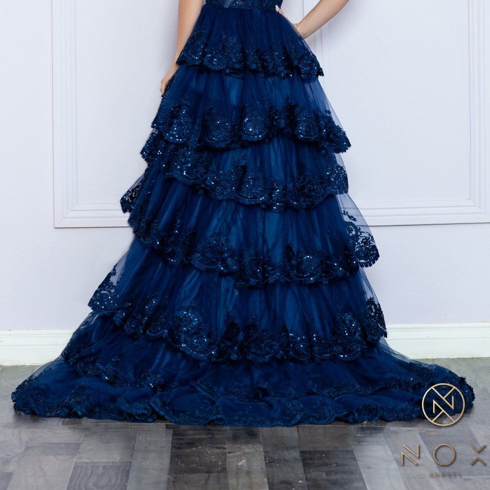 NEW FORMAL SLEEVELESS SWEETHEART NECK RUFFLED TULLE GOWN W/ FLORAL LACE NX R1299 - Picture 8 of 8